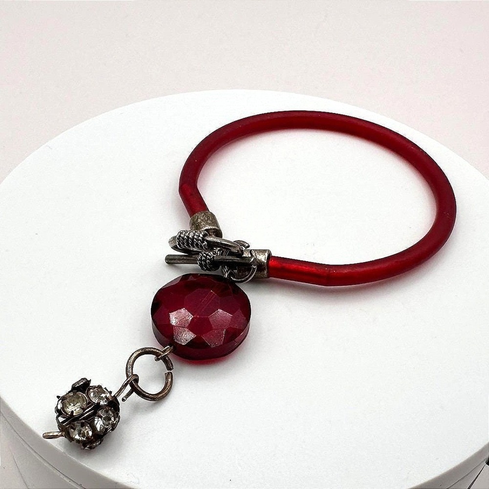 Vintage Y2K Red Lucite Bracelet Faceted Bead‎ Rhinestone Ball Charms Jewelry